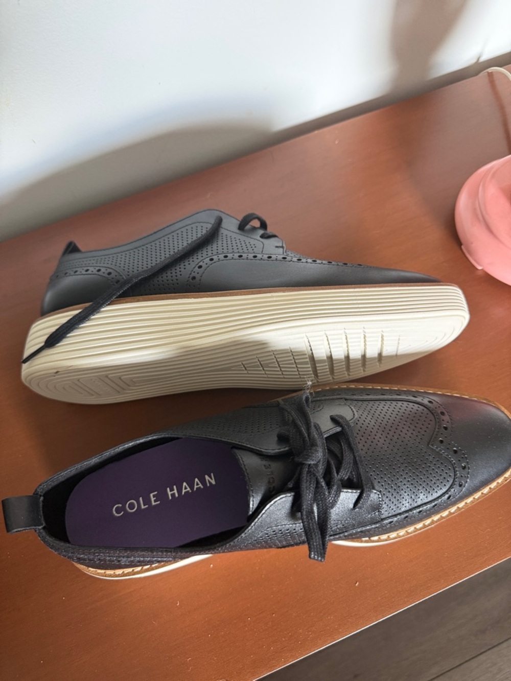 Cole Haan Black Perforated Leather Derby Sneakers with White Sole